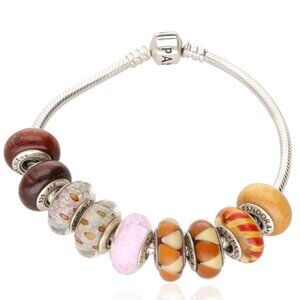 Pandora Animal Print Murano Glass & Wood Bead Charm Snake Bracelet 7.5"